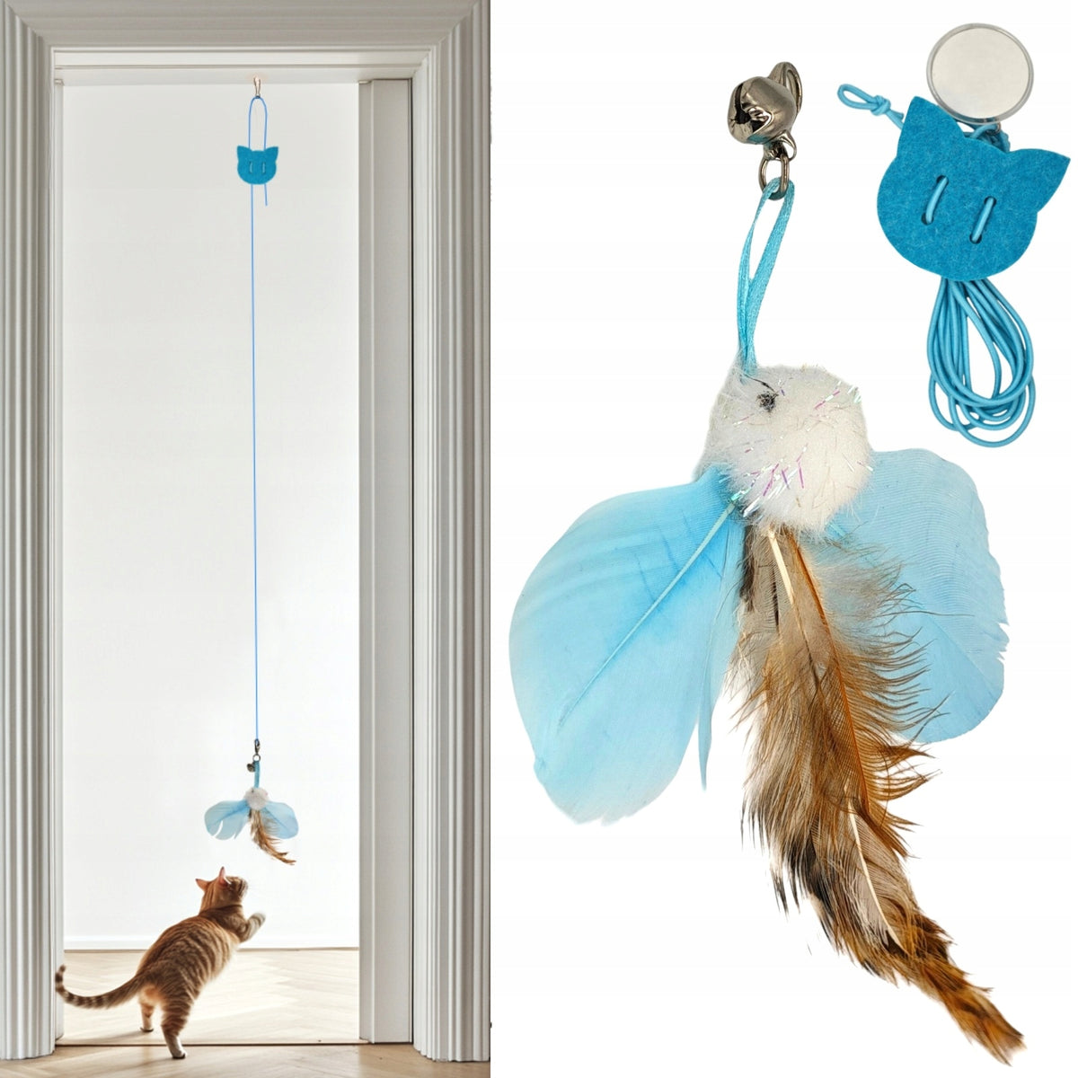 Cat Fishing Rod Attached to Bird Door Frame with Feathers and Tinker Bell