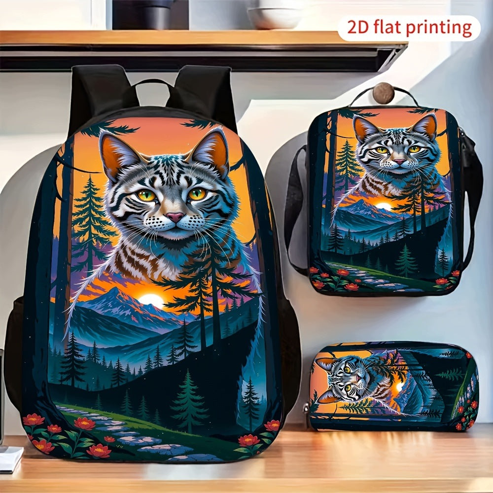 Cat Forest Mountain Sunset Print Backpack Set with Crossbody Bag and Pencil Case