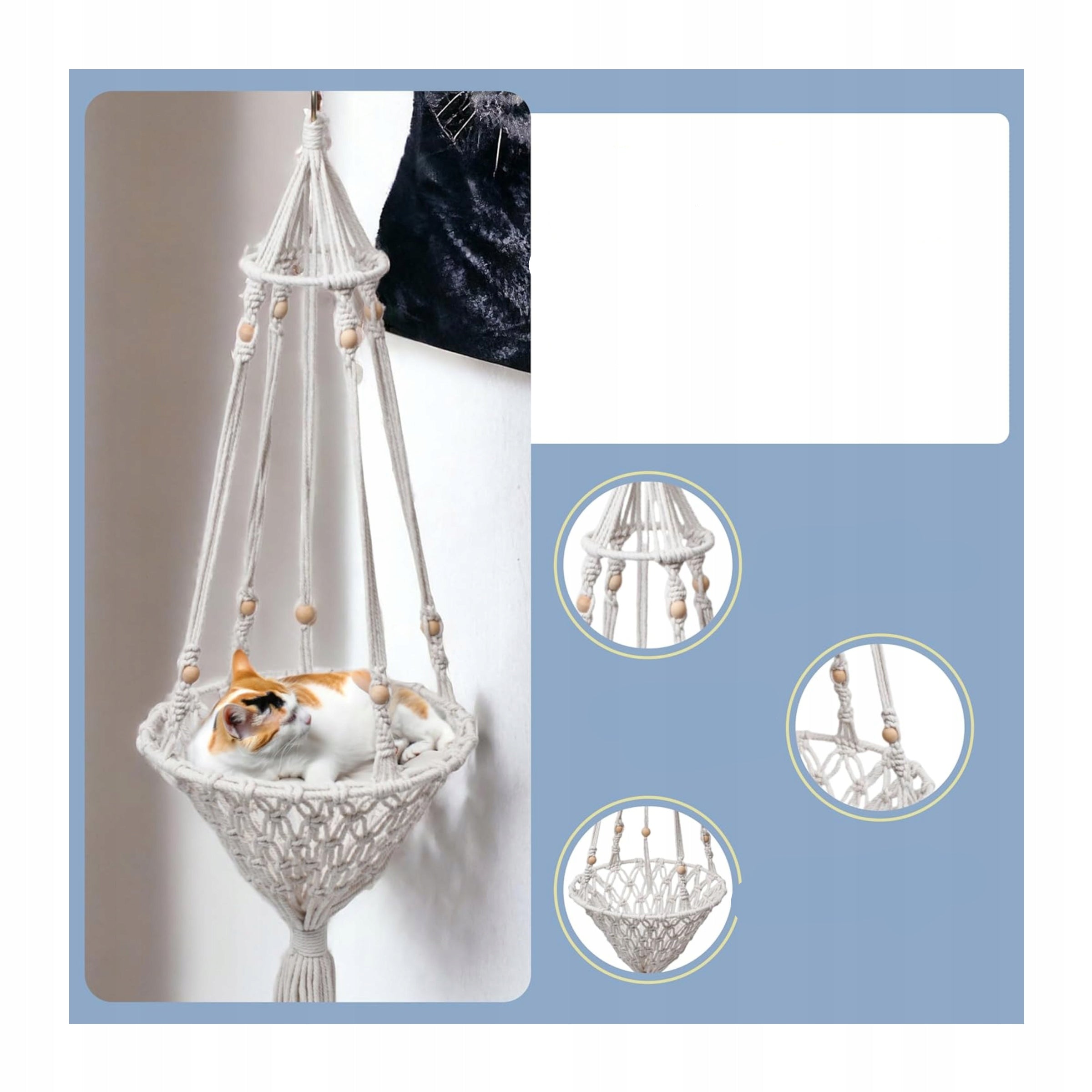 Cat Hammock Bed Hanging Hand Woven White Product width 30 cm