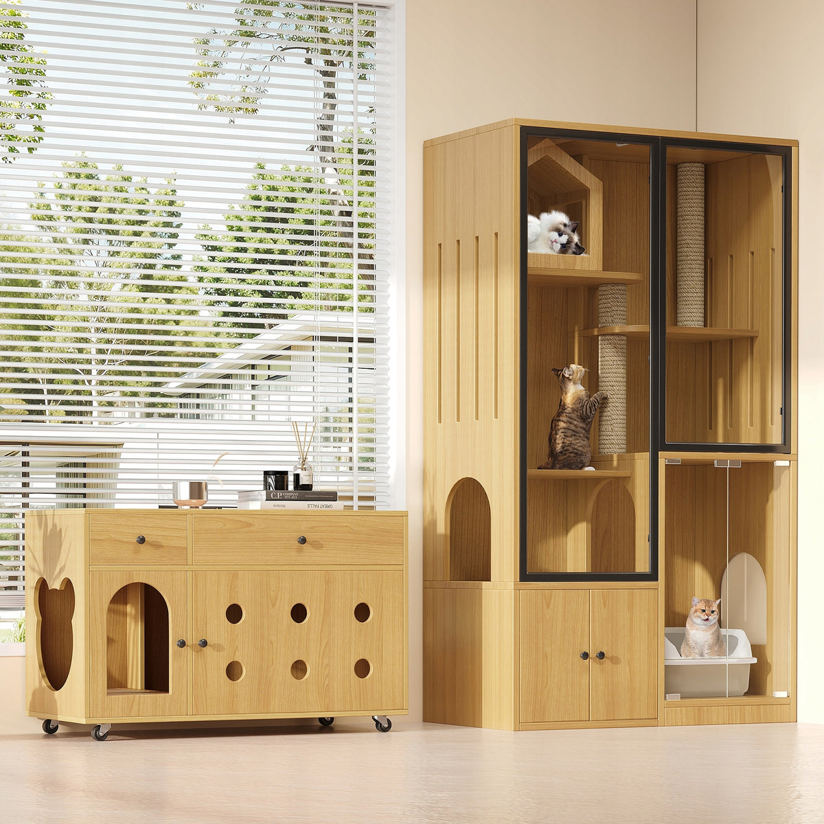 Cat Litter Box 50 x 160 cm in Maple MDF and Glass with Storage Drawers Manufacturer code N883P32624950CB