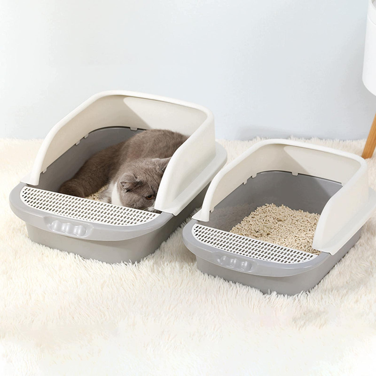 Cat Litter Box Anti Splashing with Scooper Semi Enclosed High Sided Gray Packaging status original