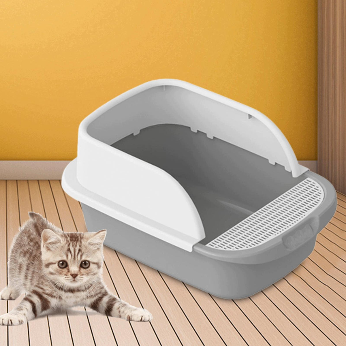 Cat Litter Box Anti Splashing with Scooper Semi Enclosed High Sided Gray