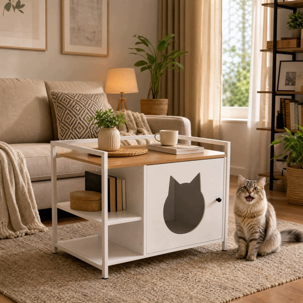 Cat Litter Box Cabinet Enclosure Side Table, 2 Shelves, White Light Oak Manufacturer code 221621_761468