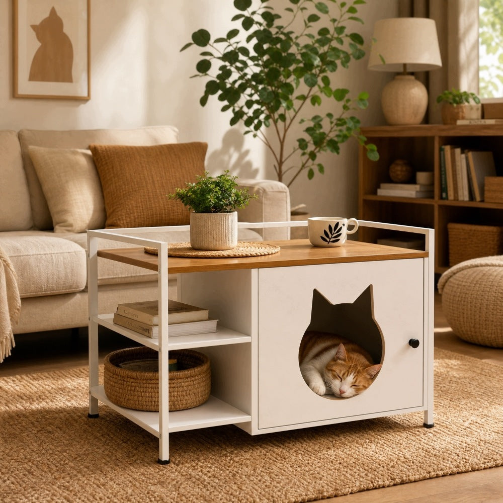 Cat Litter Box Cabinet Enclosure Side Table, 2 Shelves, White Light Oak