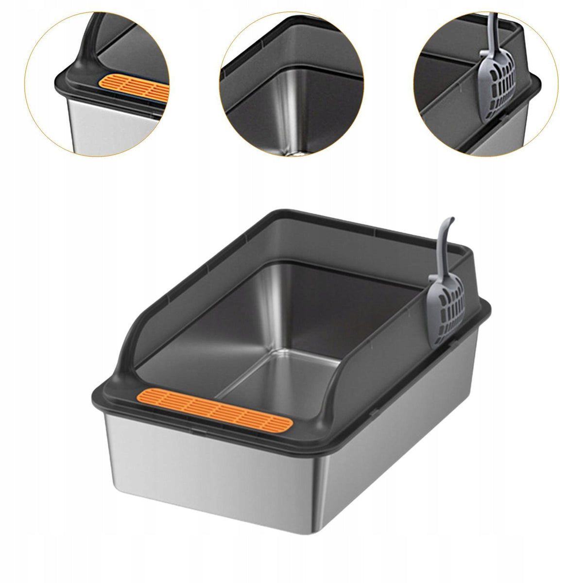 Cat Litter Box, Cat Sand Box, Heightened Fence, with Spoon ,Open Top Black Packaging status original