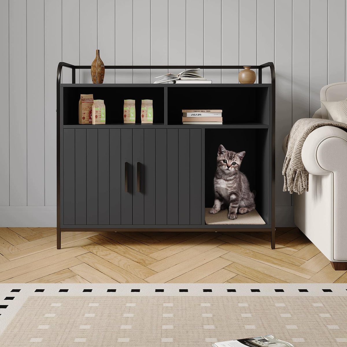 Cat Litter Box Enclosure Cabinet, Front Entry Ventilation, Black