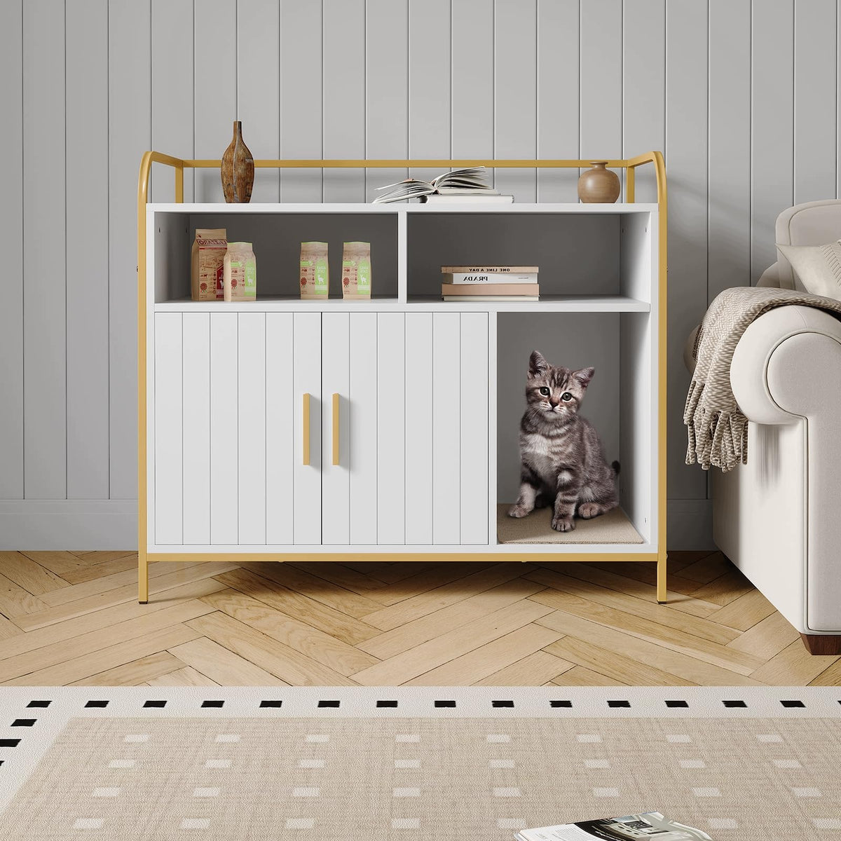 Cat Litter Box Enclosure Cabinet, Front Entry Ventilation, White