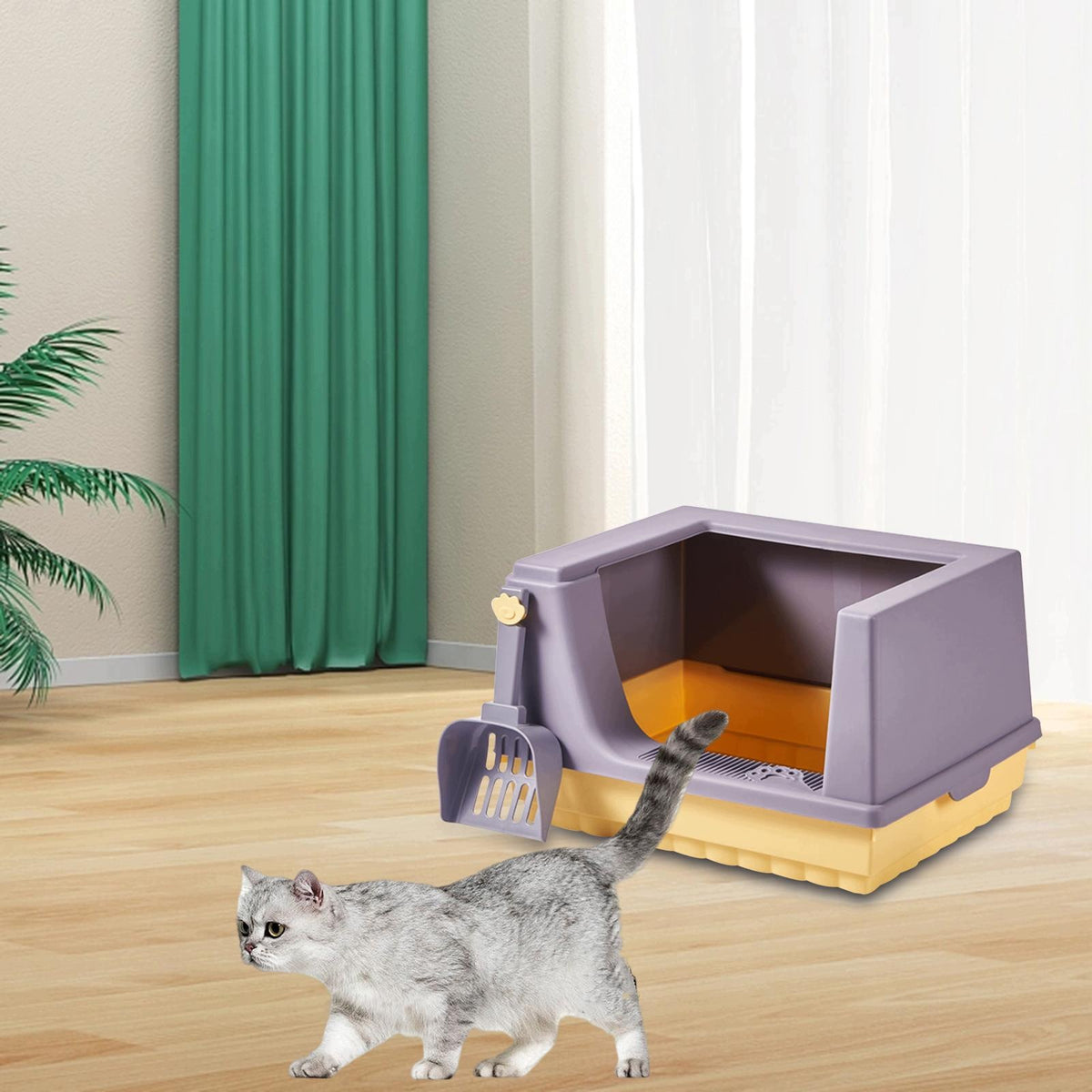 Cat Litter Box Litter Tray Semi Enclosed with Shovel Portable Purple L