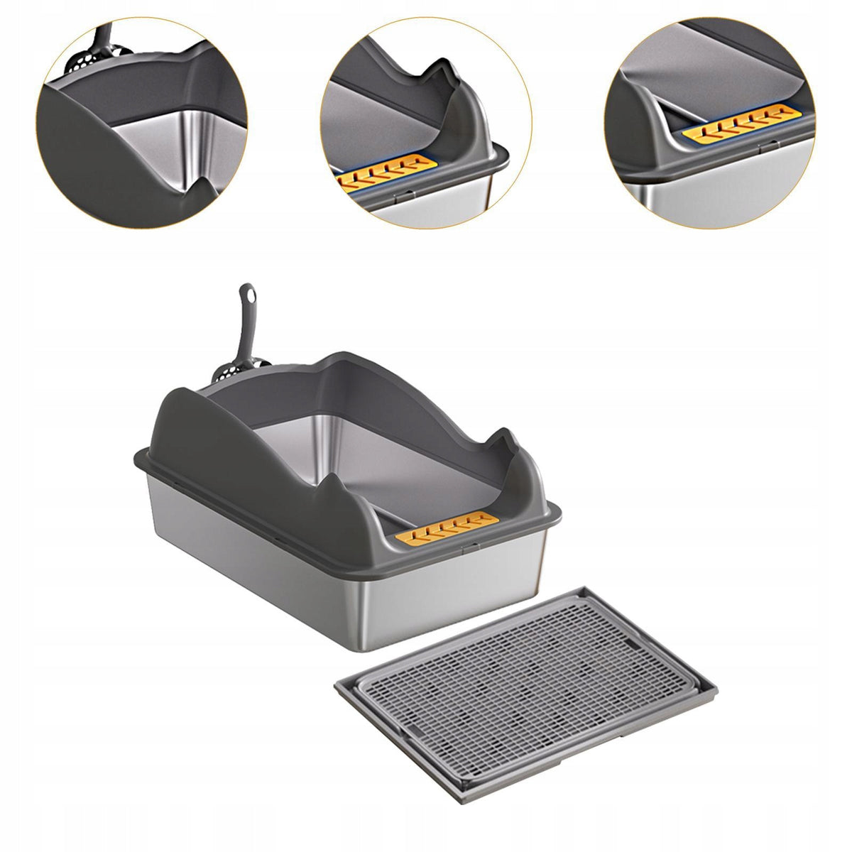 Cat Litter Box Low Entry Kitty Litter Pan Portable Large Deep grey with mat Packaging status original