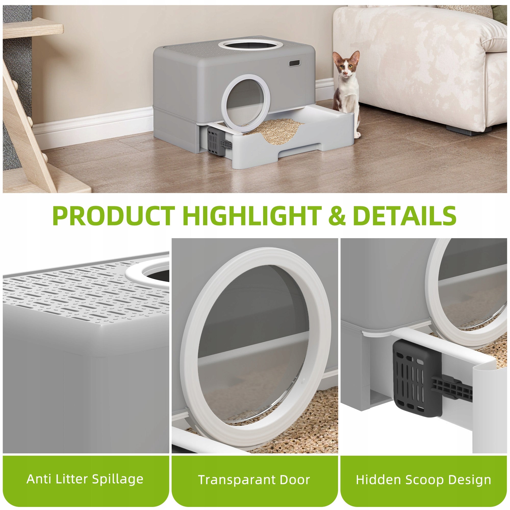 Cat Litter Box,Odorless Anti-Splashing,Drawer Desi ,Front Entry Top Exit Manufacturer code FTPLRP-0010-E-AL