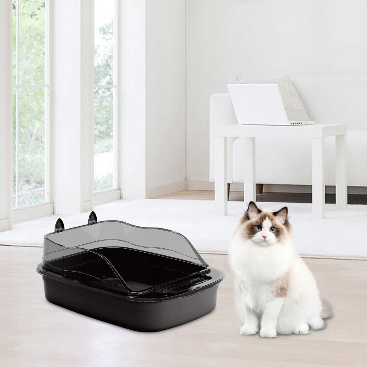 Cat Litter Box Open Pet Toilet Container with Rim for Sand Made of black