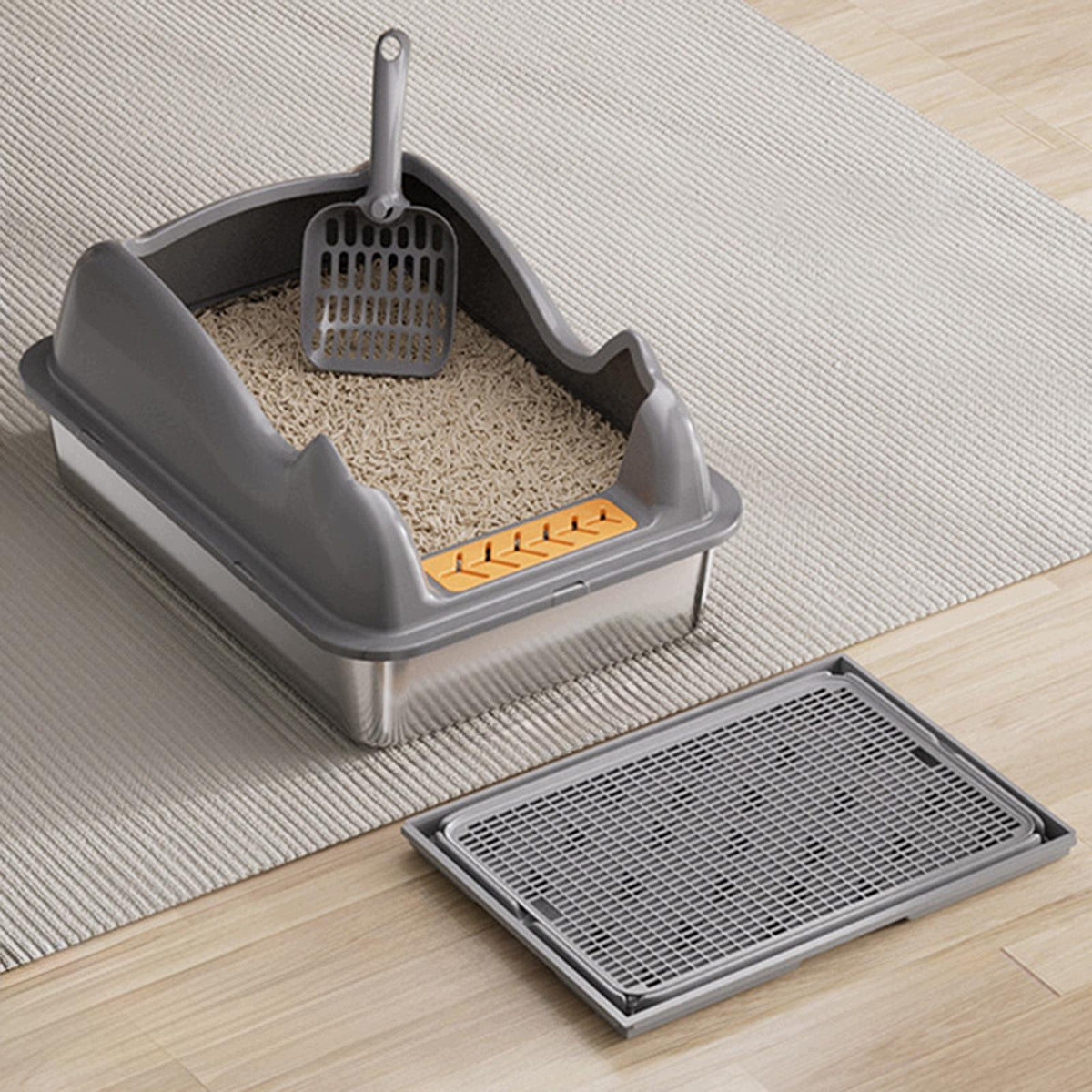 Cat Litter Box Pet Litter Basin Portable Kitten Potty Deep grey with mat