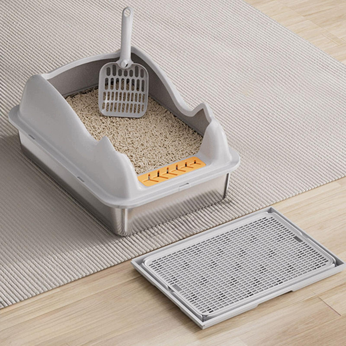 Cat Litter Box Pet Litter Basin Portable Kitten Potty Light grey with mat