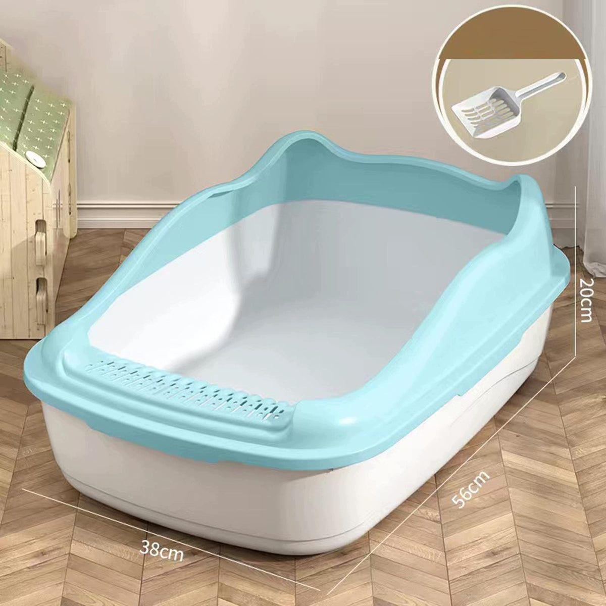Cat Litter Box Semi Enclosed 56x38x20cm PP Material Anti Splash Sturdy Blue