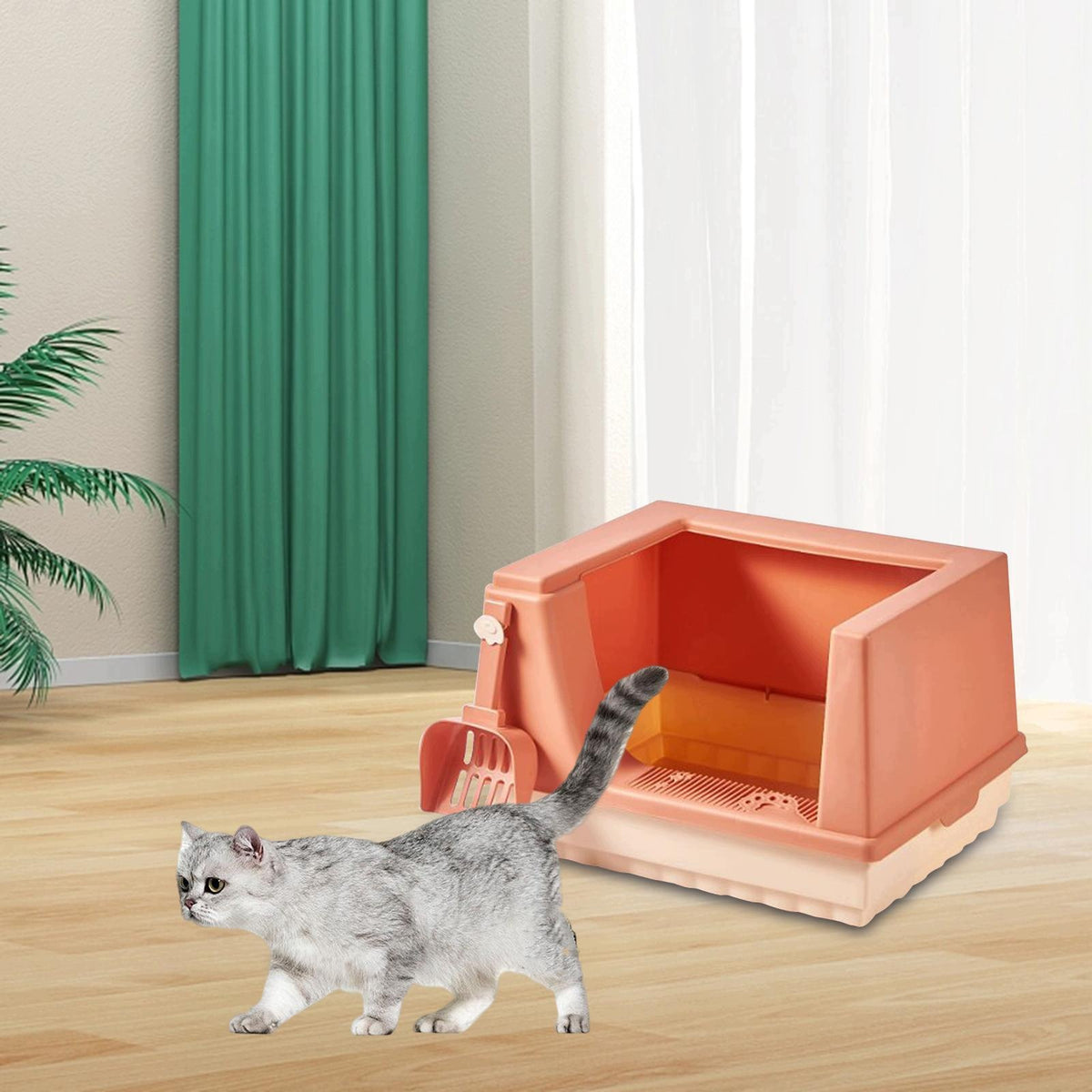 Cat Litter Box Semi Enclosed Raised Fence Leakproof Double Layer Orange S