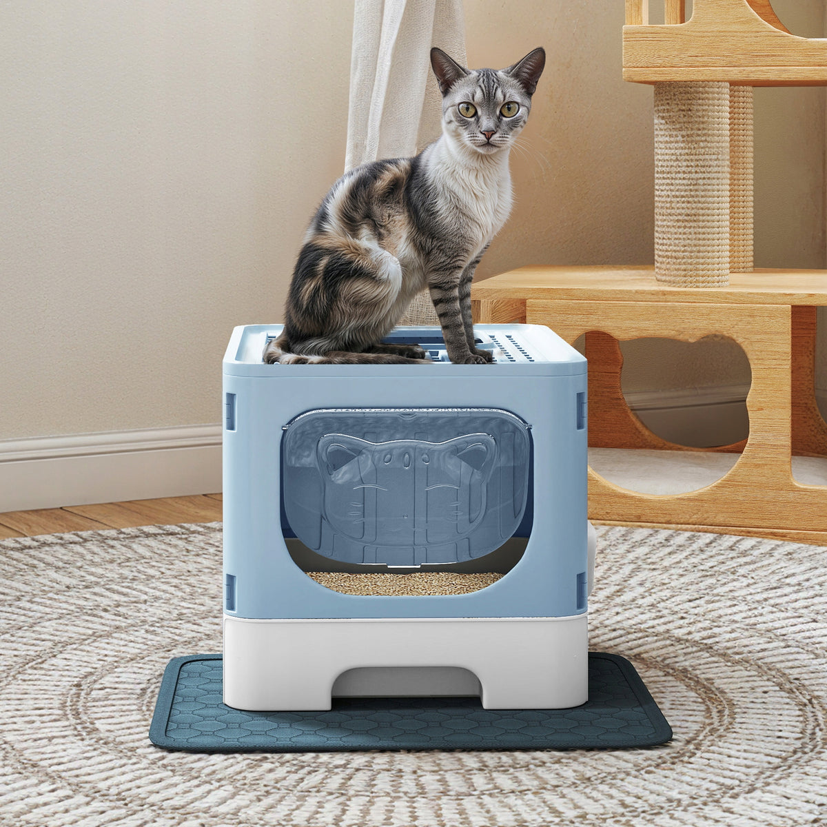 Cat Litter Box Splash-Proof Removable Drawer Scoop Included Blue Packaging status original