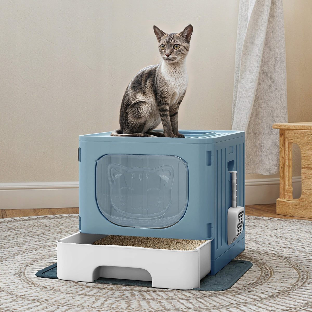 Cat Litter Box Splash-Proof Removable Drawer Scoop Included Blue