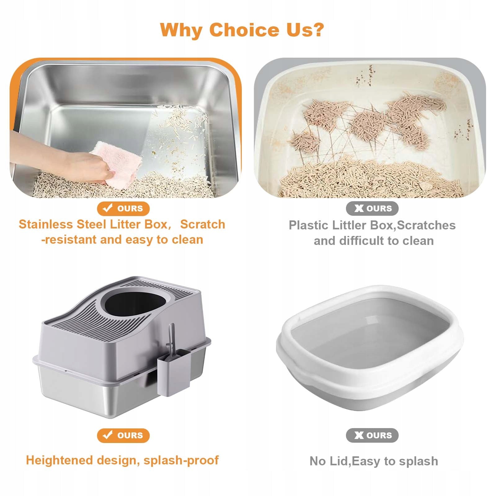 Cat Litter Box, Stainless Steel Enclosed Cat Toilet, Gray,15cmH, 60x40x35cm Color gray