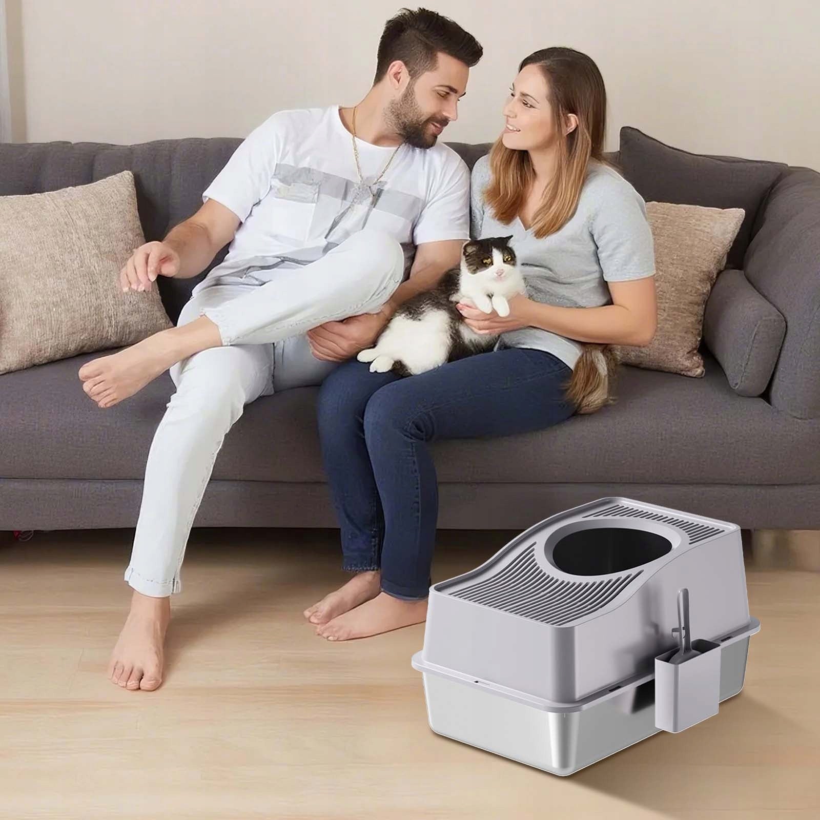 Cat Litter Box, Stainless Steel Enclosed Cat Toilet, Gray,15cmH, 60x40x35cm Length 60 cm