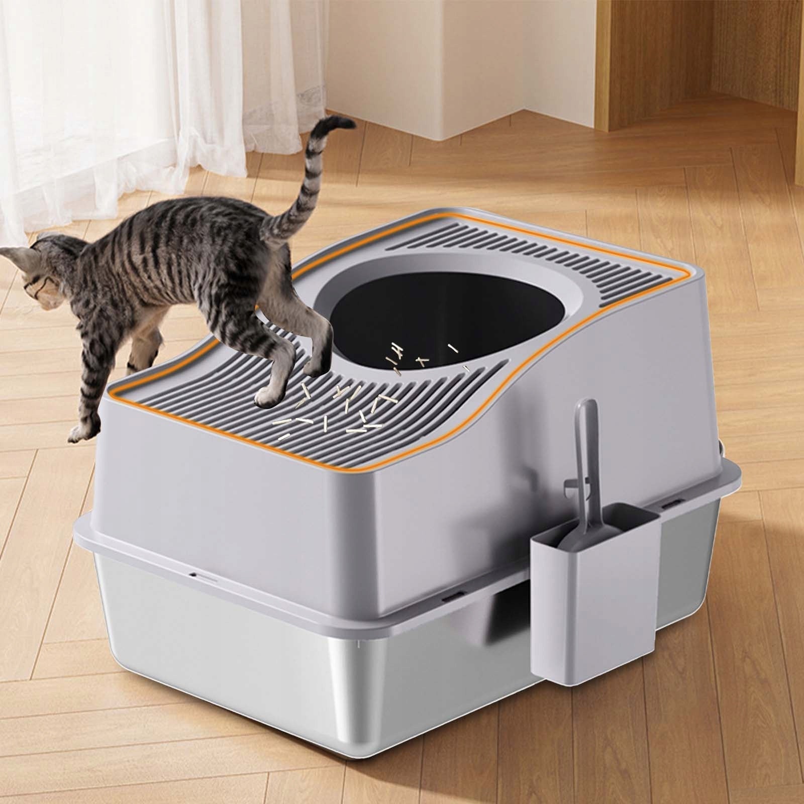 Cat Litter Box, Stainless Steel Enclosed Cat Toilet, Gray,15cmH, 60x40x35cm Manufacturer code Thinkmax