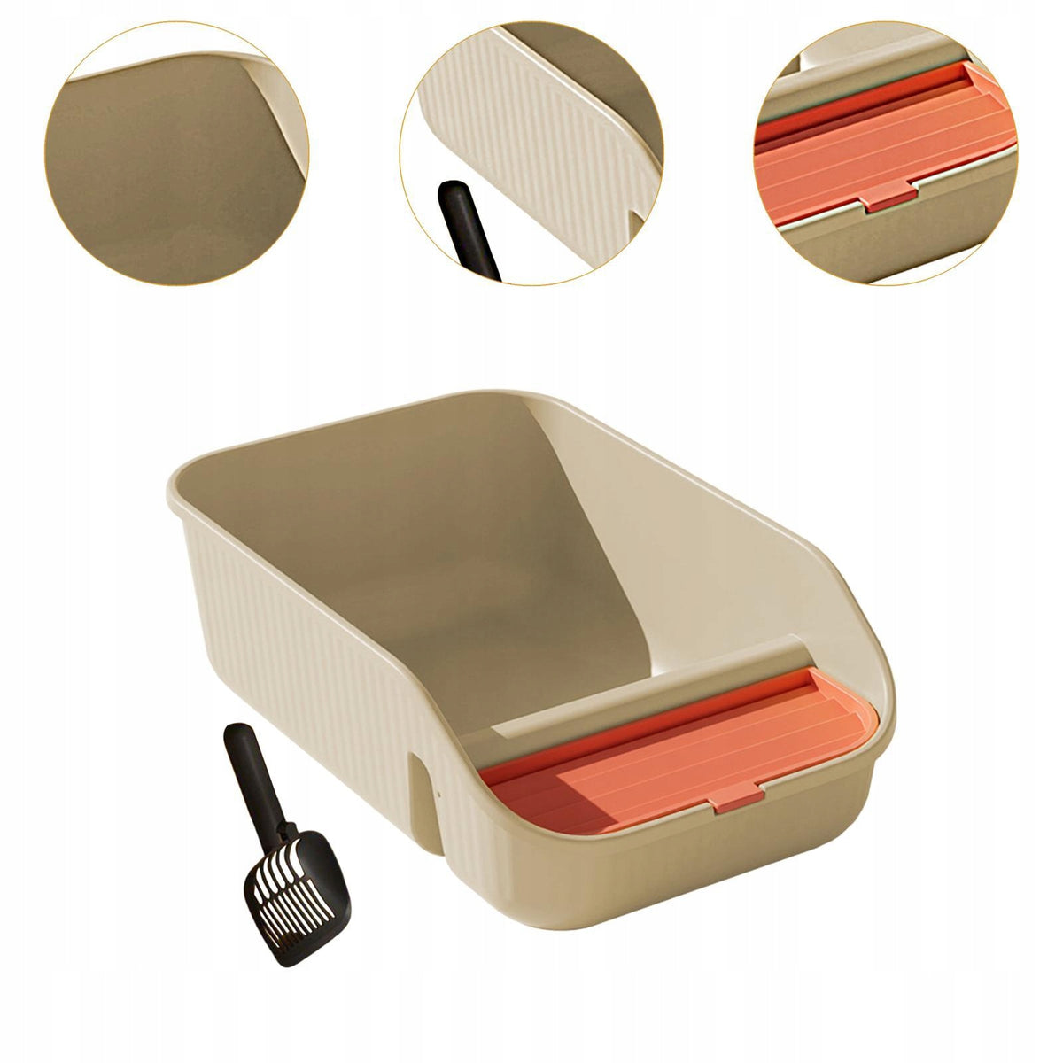 Cat Litter Box for Domestic Cats, Open Top, Removable, with Scoop, Beige Packaging status original