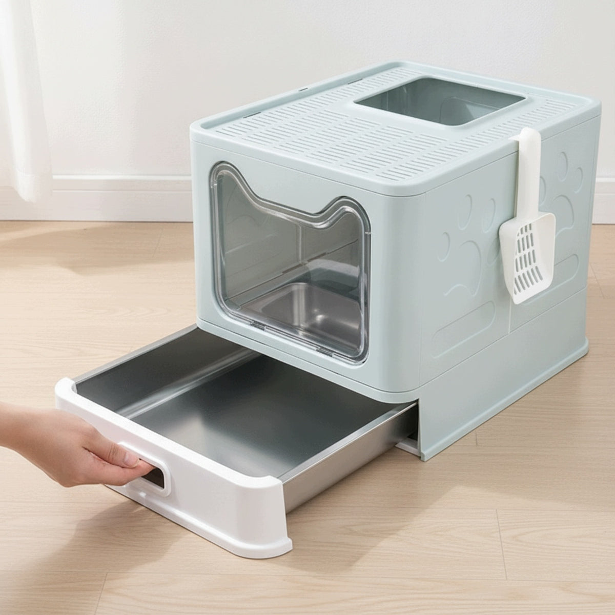 Cat Litter Box with Drawer Stainless Steel Enclosed Litter Box Pull-Out Packaging status original
