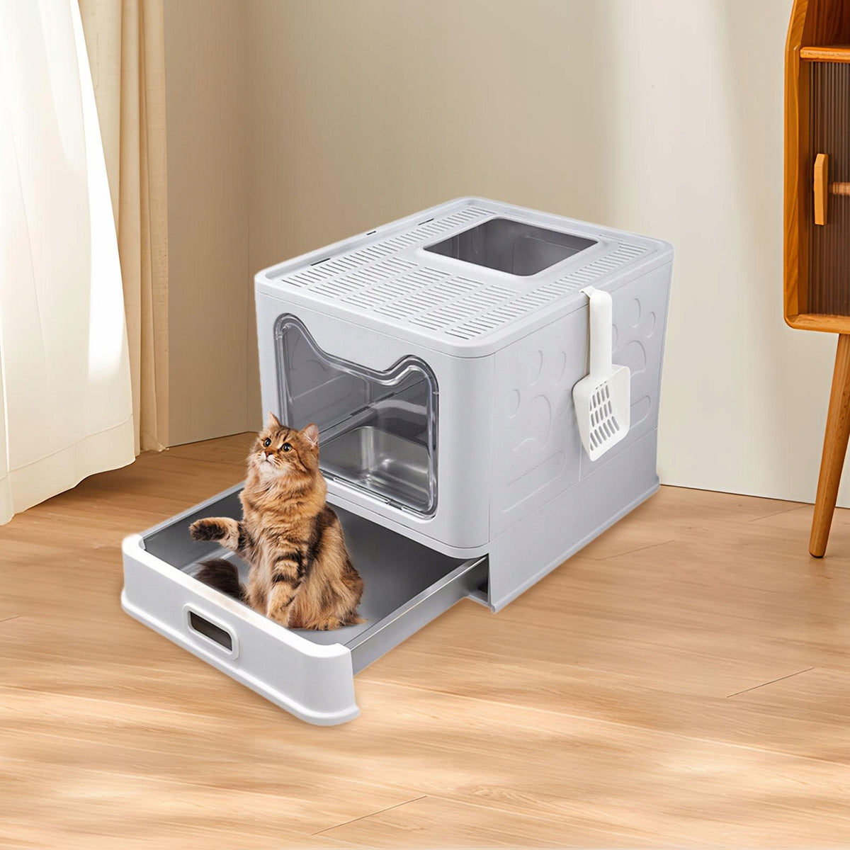 Cat Litter Box with Lid Folding Easy to Clean Drawer Type Covered Gray