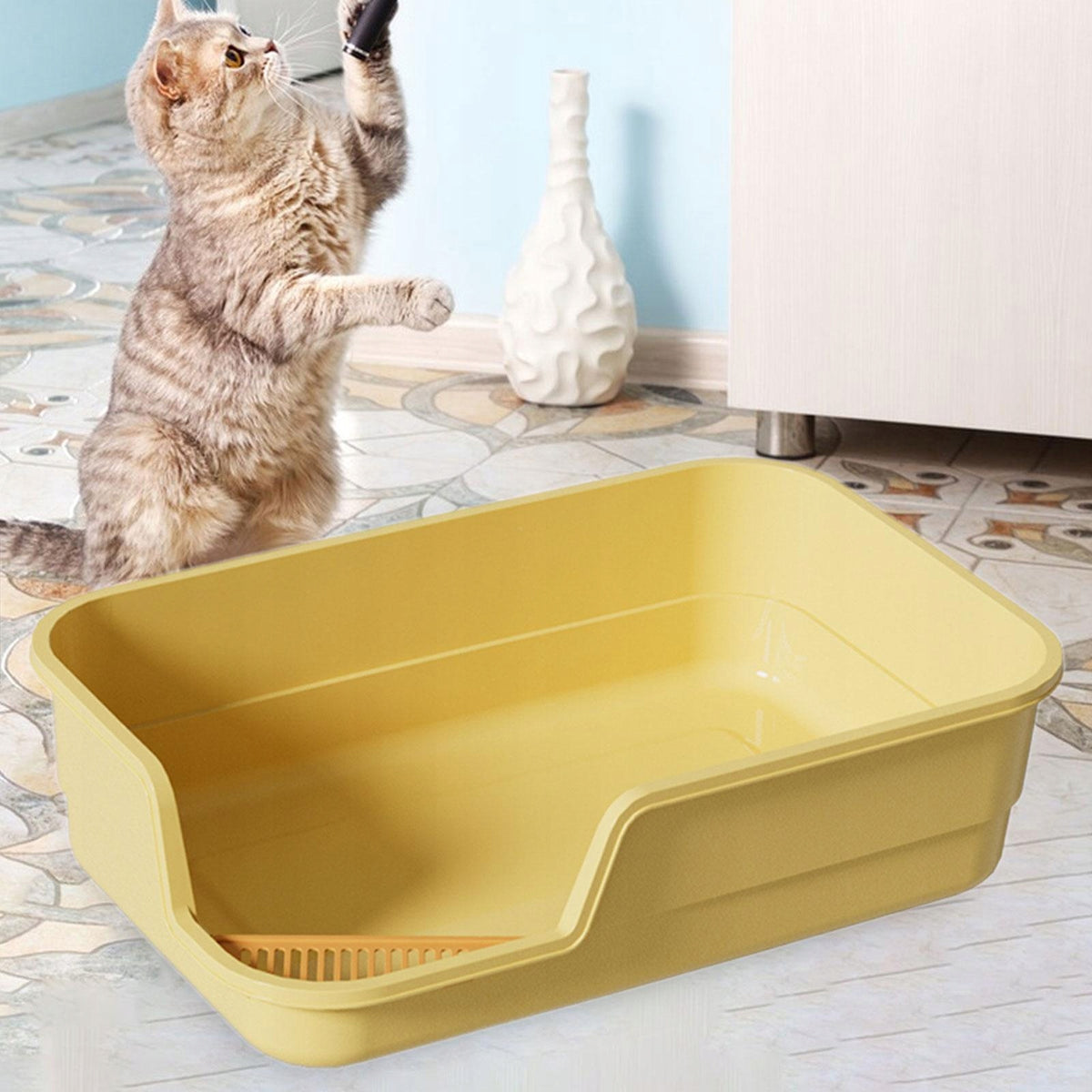 Cat Litter Box with Scoop Bedpan with High Sides Open Air Kitten yellow