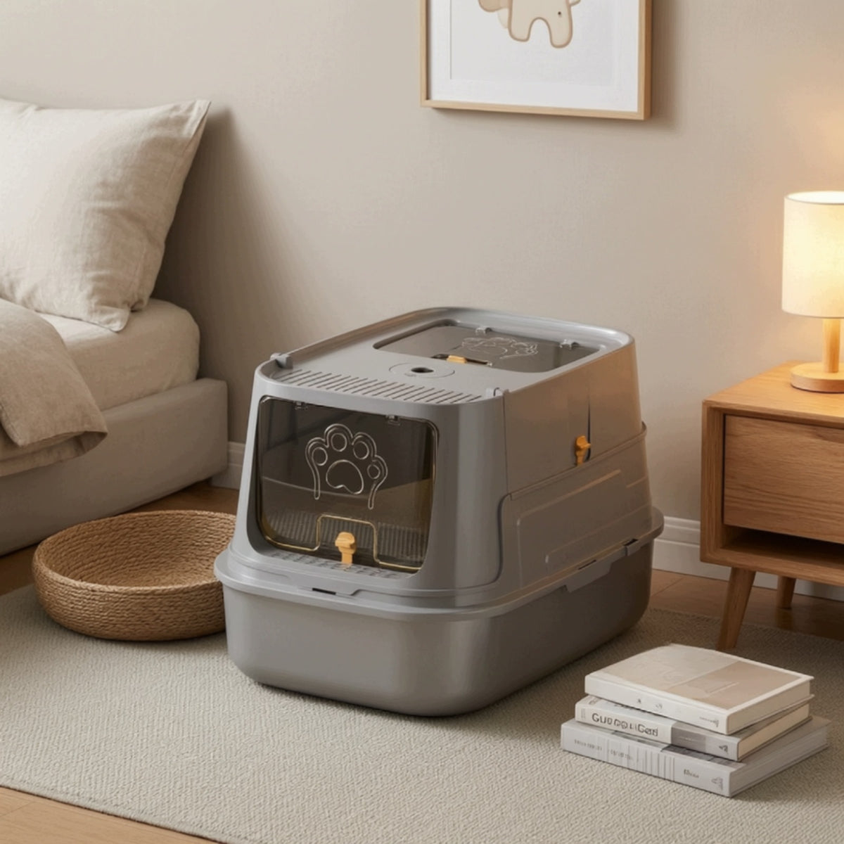 Cat Litter Box with Stainless Steel Tray Odor-Control for Living Room, Cats Packaging status original
