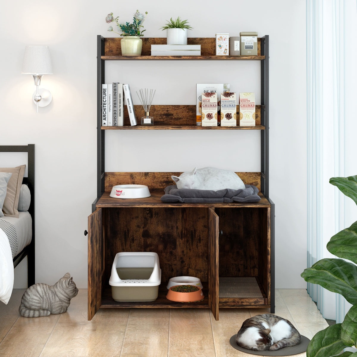 Cat Litter Box with Storage Compartment in Brown Metal and Wood