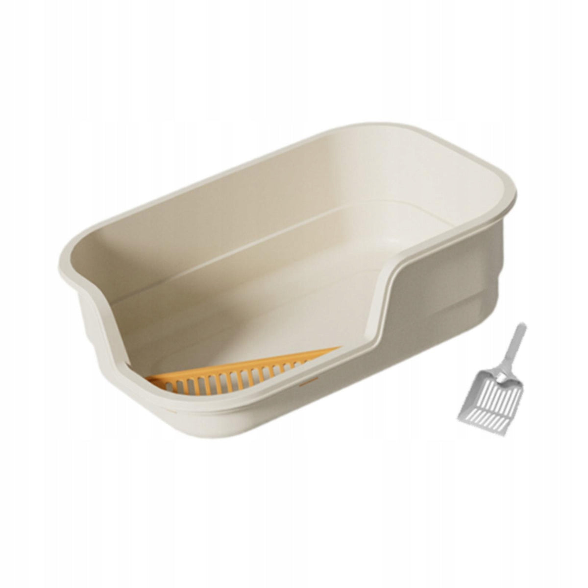 Cat Litter Boxes Large Easy Carry Anti Splash with Cat Scoop Bedpan beige