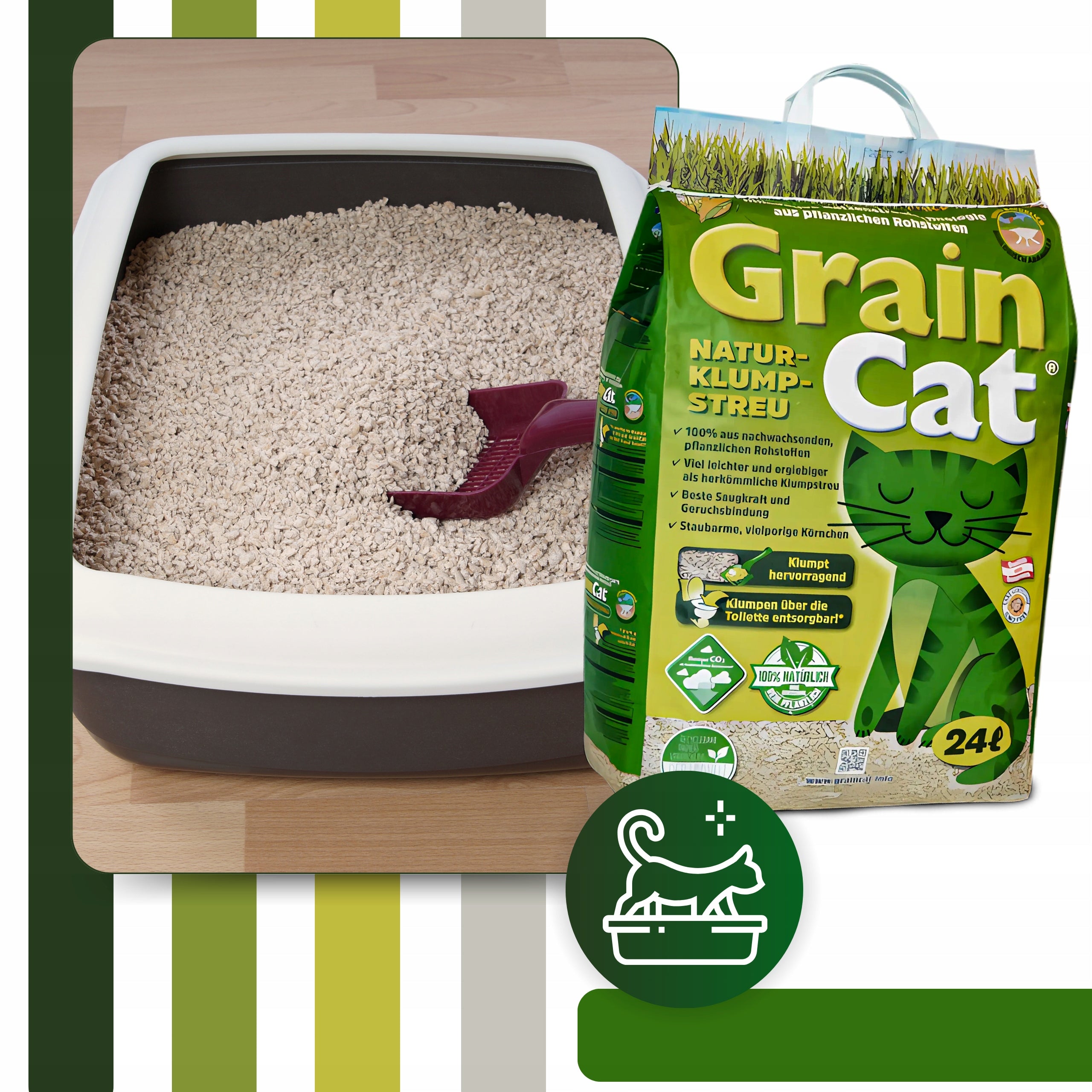 Cat Litter CLUMPING ECOLOGICAL 24l Cereal BIODEGRADABLE for WC Brand Green Cat