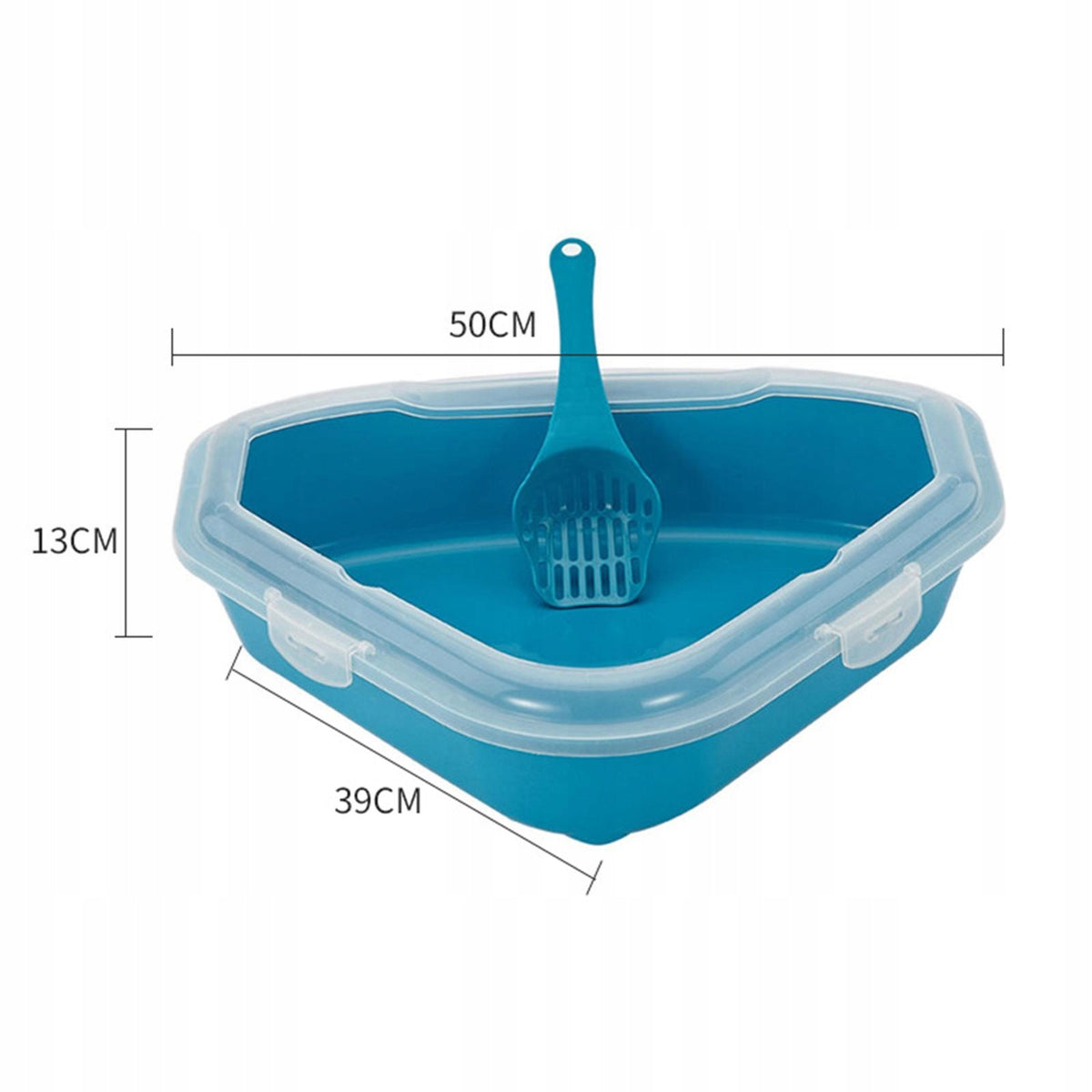 Cat Litter Tray, Cat Litter Box, Triangular with Scooper Open Top Anti Blue Packaging status original