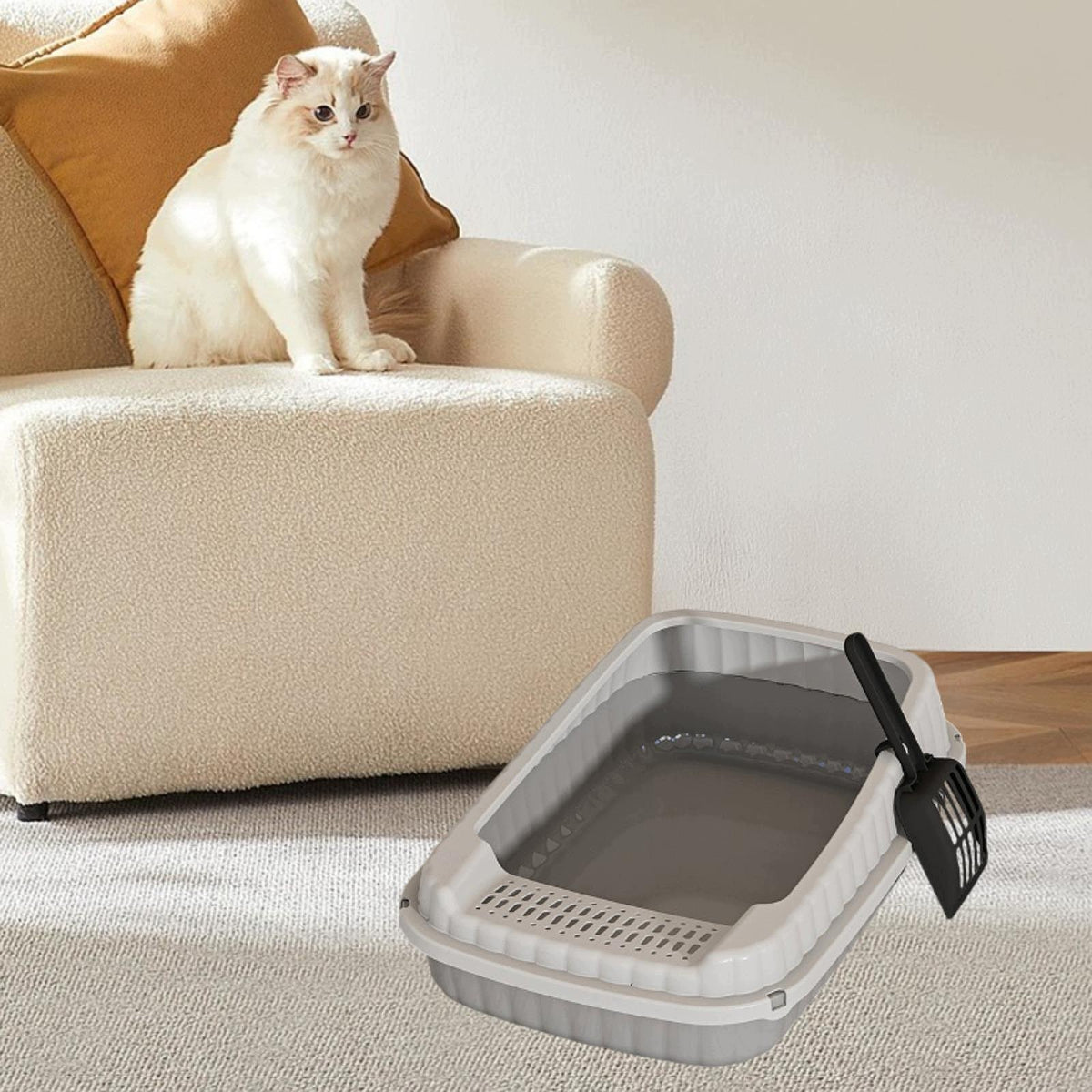 Cat Litter Tray Open Potty Kitten Toilet Tray Semi Enclosed Cat Litter grey