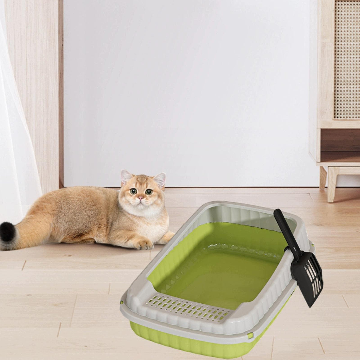 Cat Litter Tray Open Potty Kitten Toilet Tray Semi Enclosed Cat green