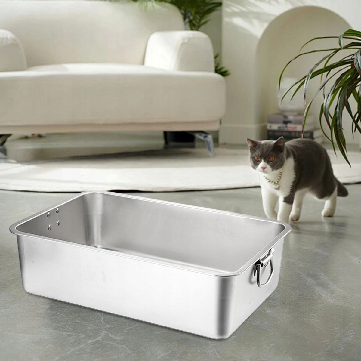 Cat Litter Tray Open Top Sifting Pet Litter Box Stainless 60cmx40cmx7cm