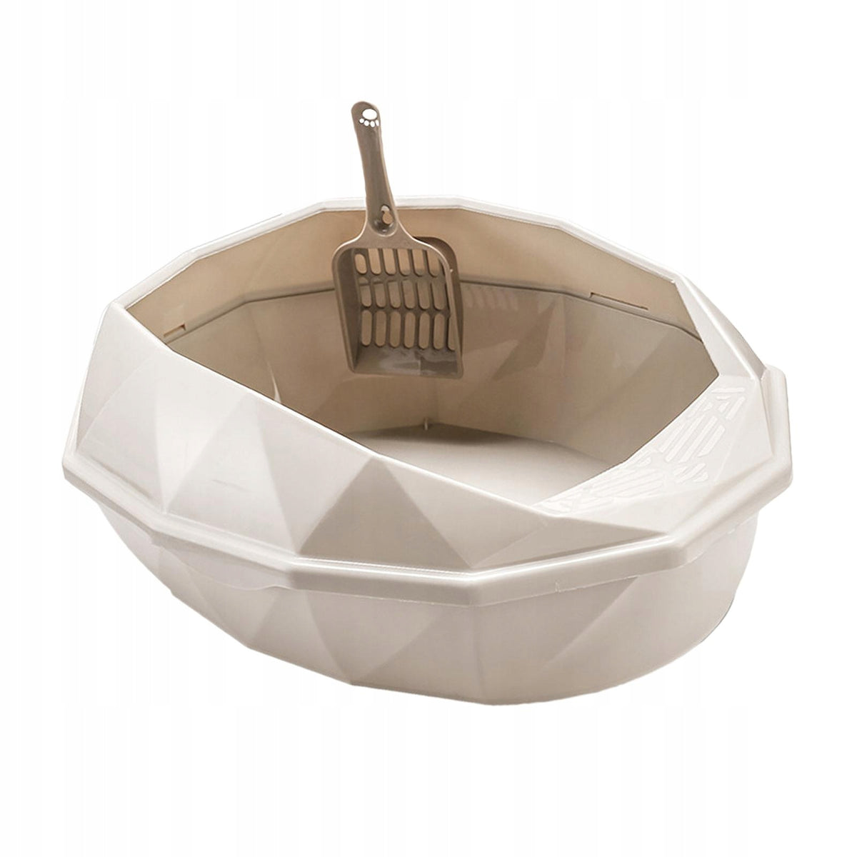 Cat Litter Tray Semi Closed Cat Litter Container with Hollow Spoon Beige Packaging status original