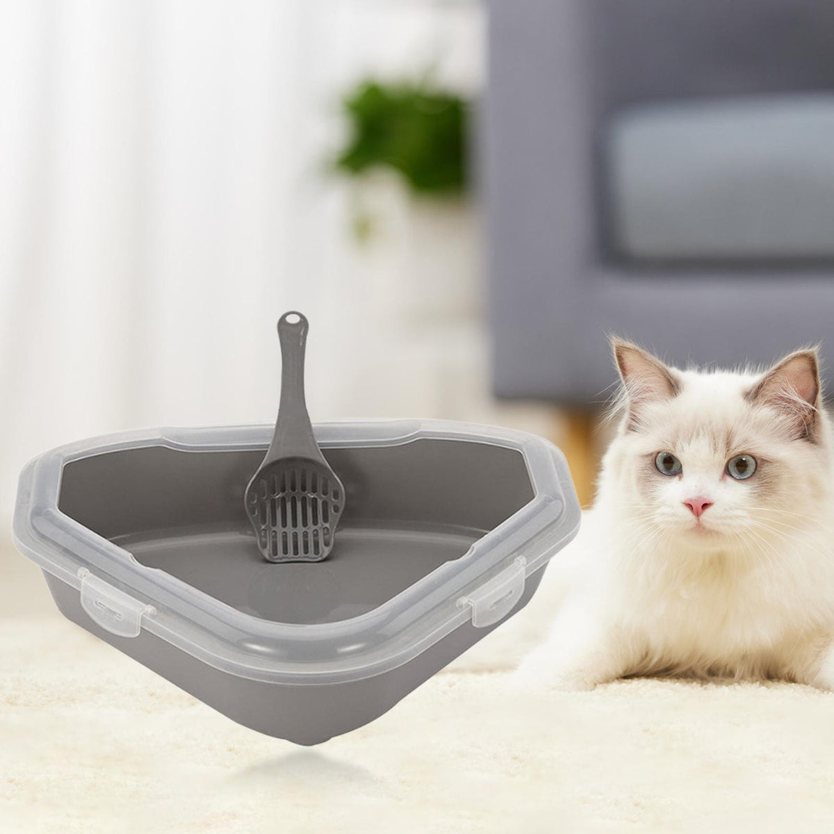 Cat Litter Tray Triangular Open Top Pan Shallow Entry High Sided Gray