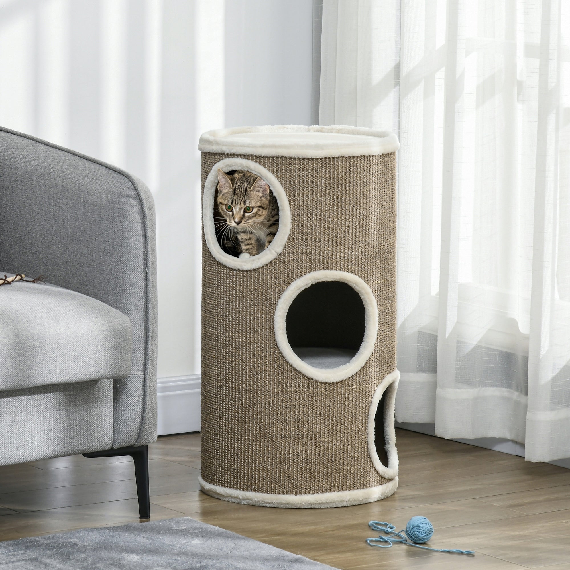 Cat Scratcher 80cm Post Tuba Tower Bed 3 Hideouts Caves Beige Brand PawHut