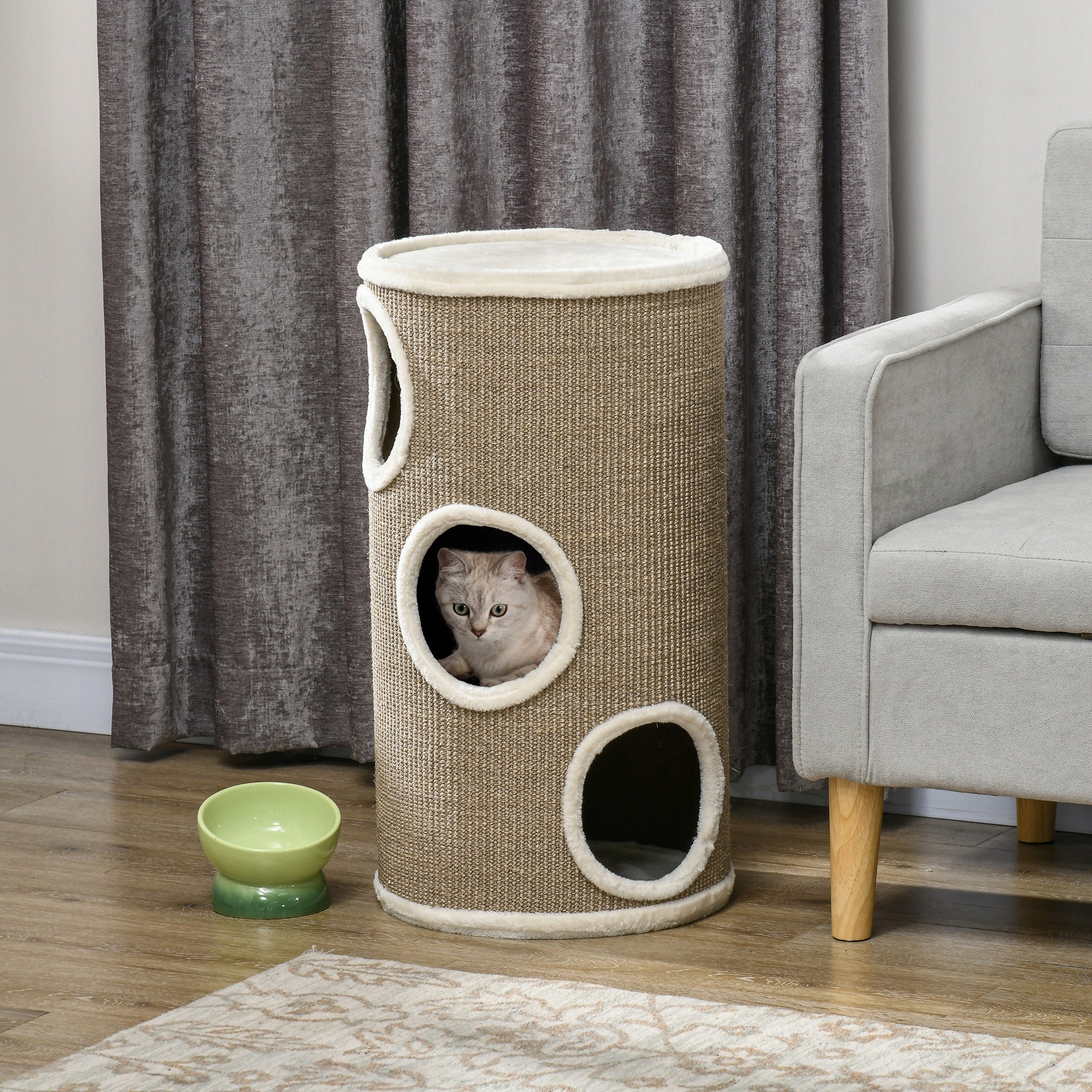 Cat Scratcher 80cm Post Tuba Tower Bed 3 Hideouts Caves Beige Kind bed