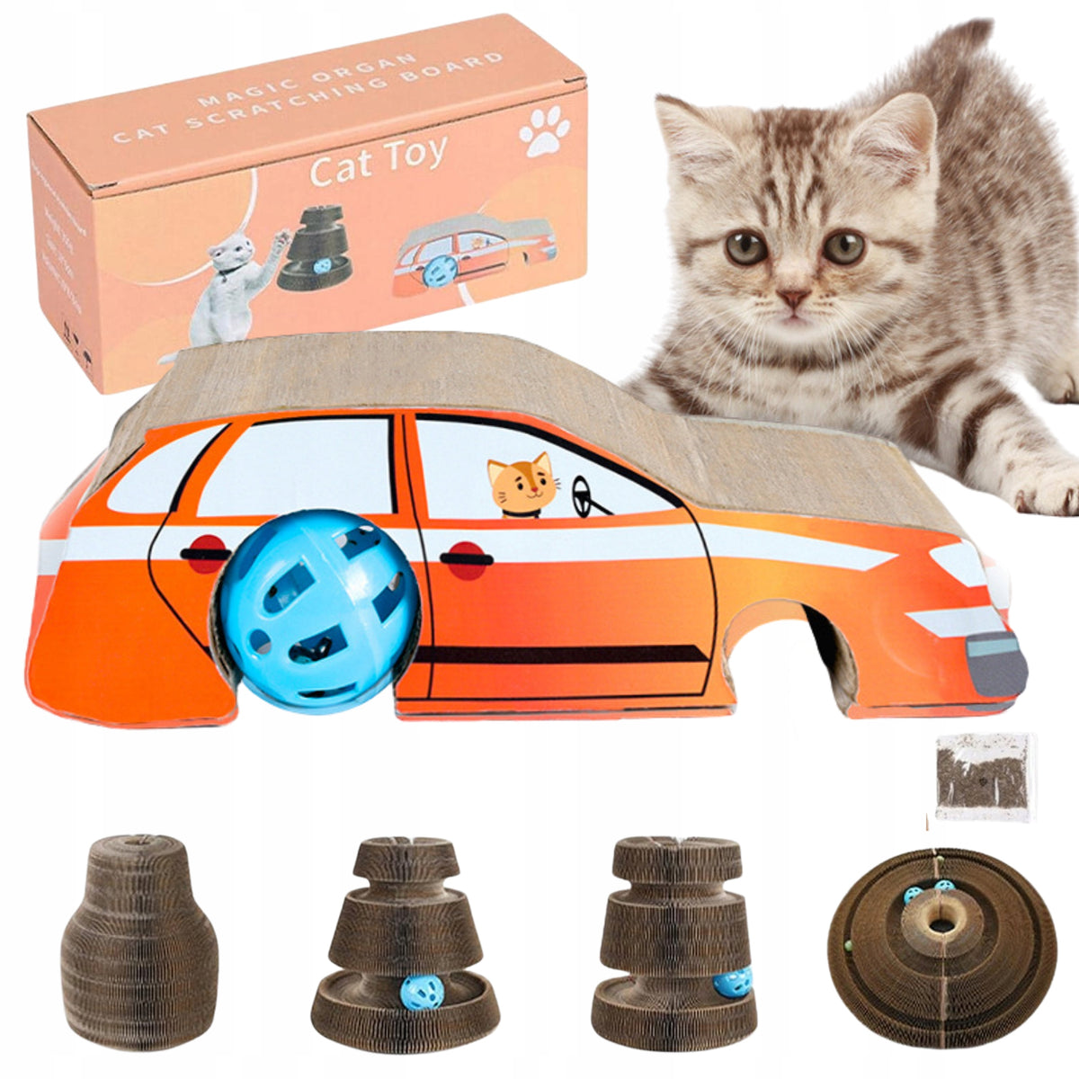 Cat Scratcher Folding Cardboard With Bell Interactive Car 3in1