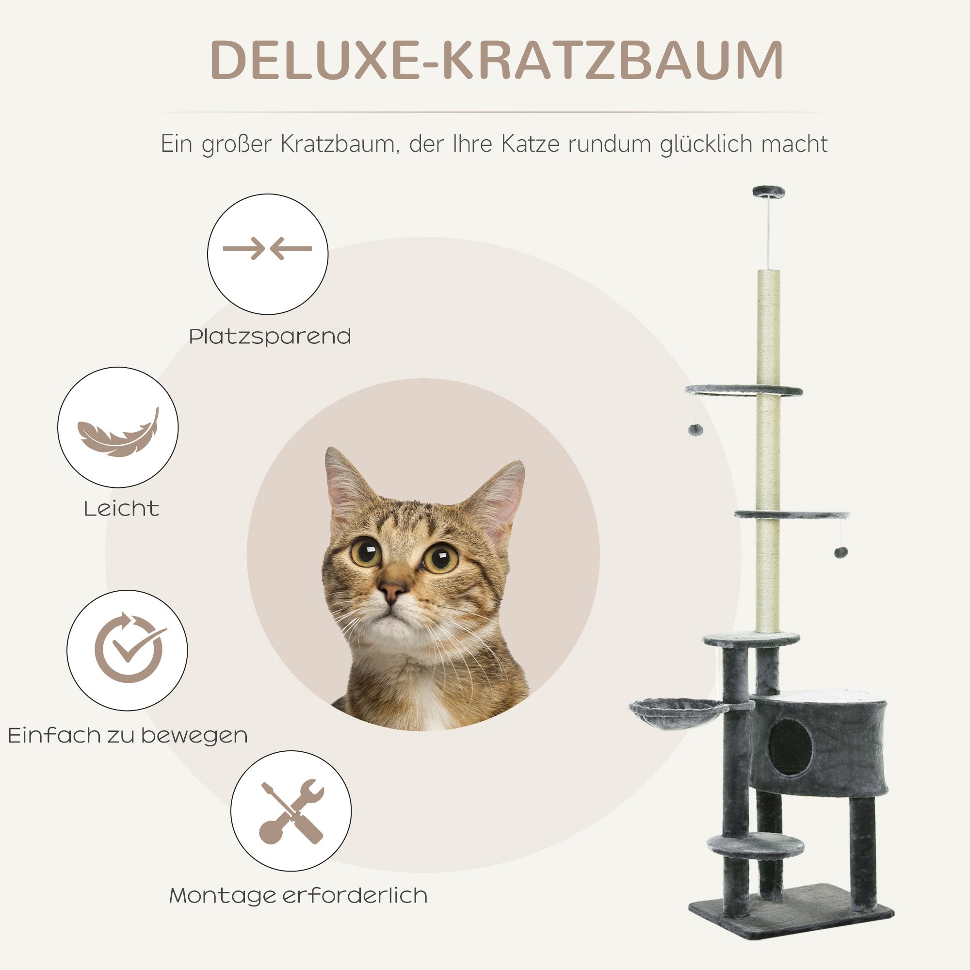 Cat Scratcher Large High Adjustable Ceiling Post Tower 240-260 cm Brand PawHut