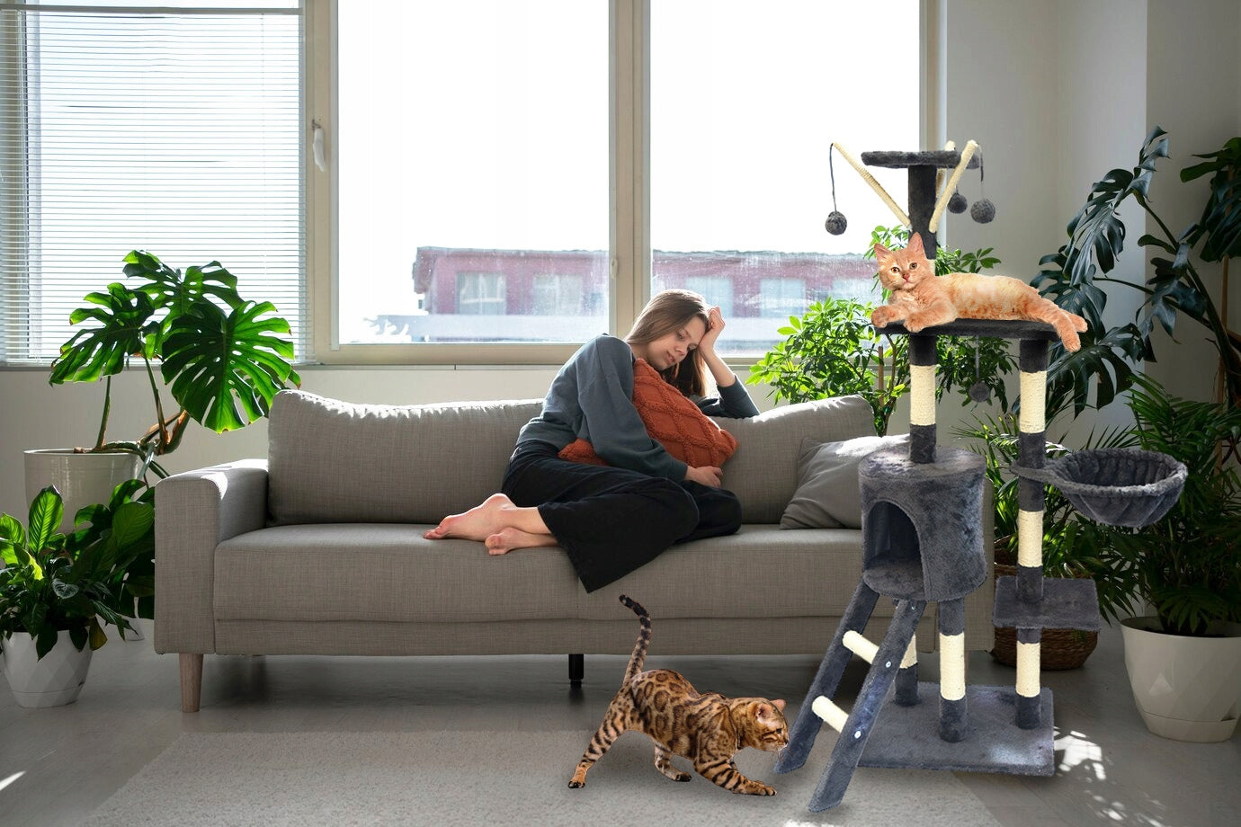 Cat Scratcher Tower Bed Cottage Booth 6 Pos. Toy Drawstring Ladder Height (cm) 101 - 160 cm