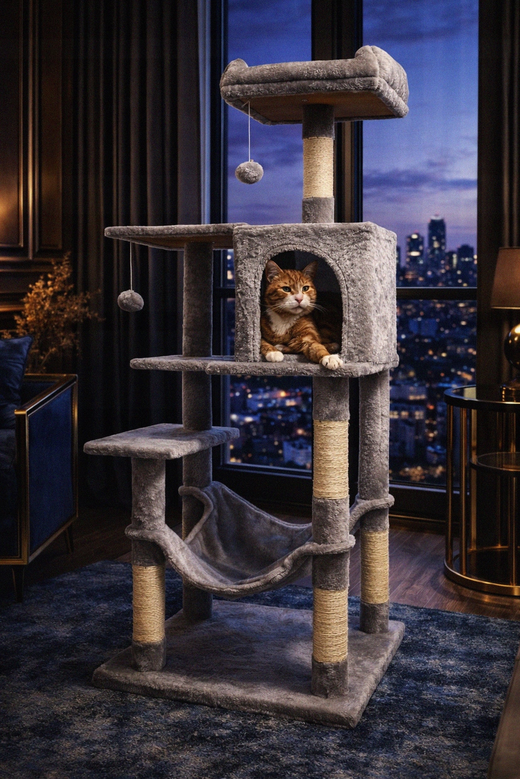 Cat Scratcher Tower Bed House Booth 7 Pos. Toy Drawstring Hammock Color gray