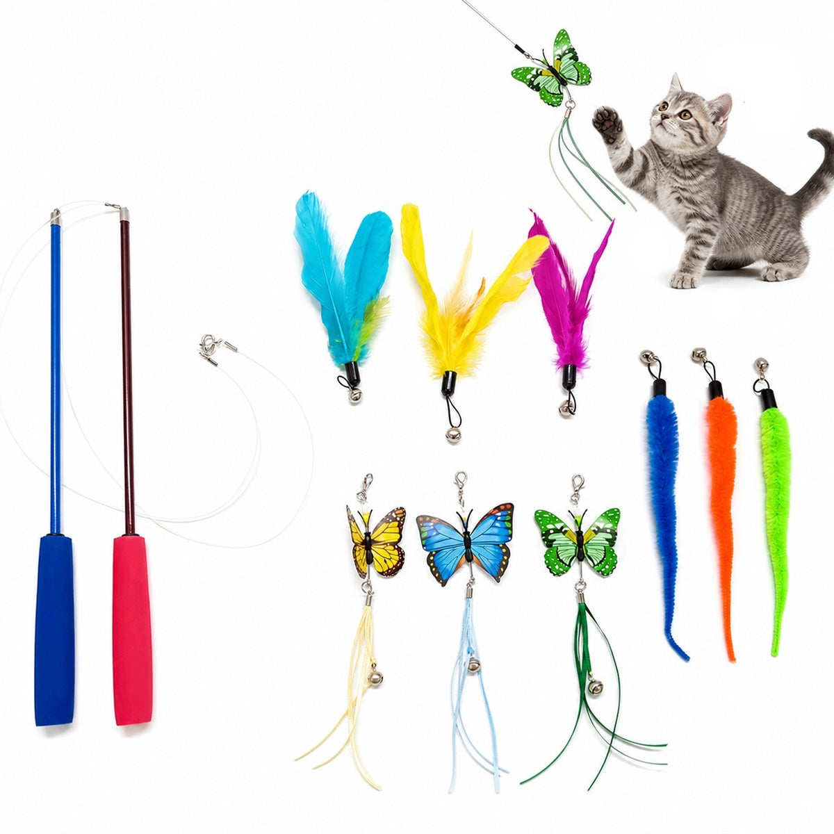 Cat Toy Fishing Rod with Interchangeable Feather Accessories 11 Elements CAT
