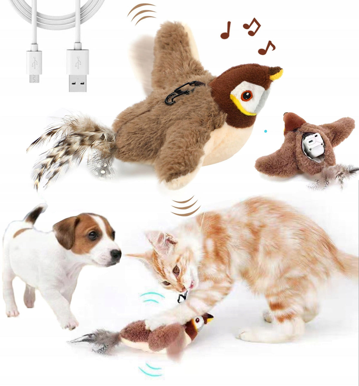 Cat Toy Interactive Plush Bird - USB Movement and Bird Sounds