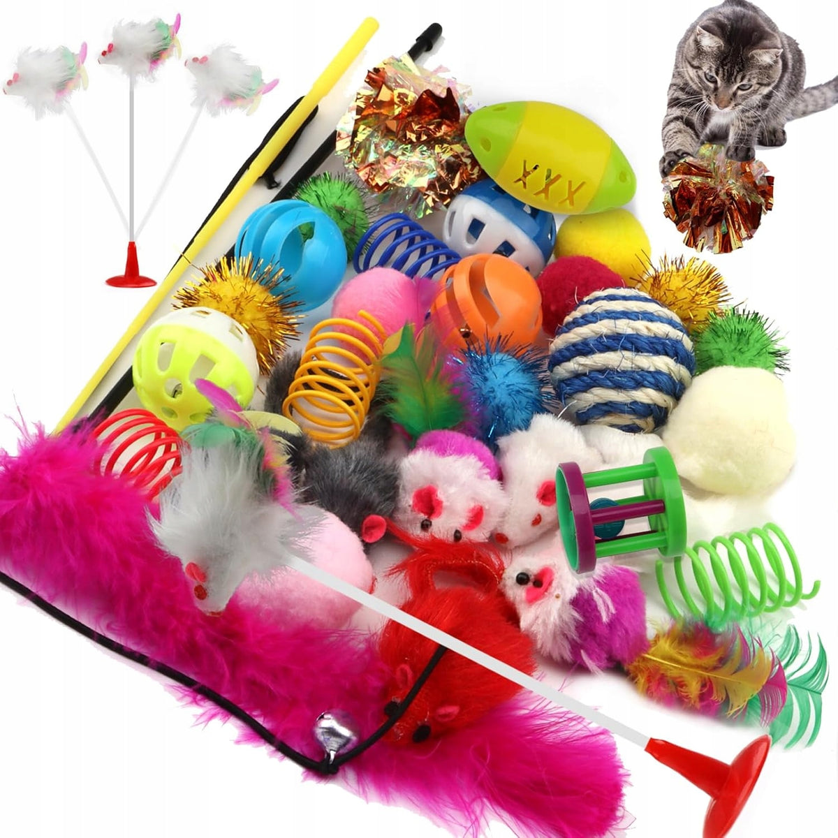 Cat Toy Set 32 Pcs Balls Mouse Springs Fishing Rod Rusting