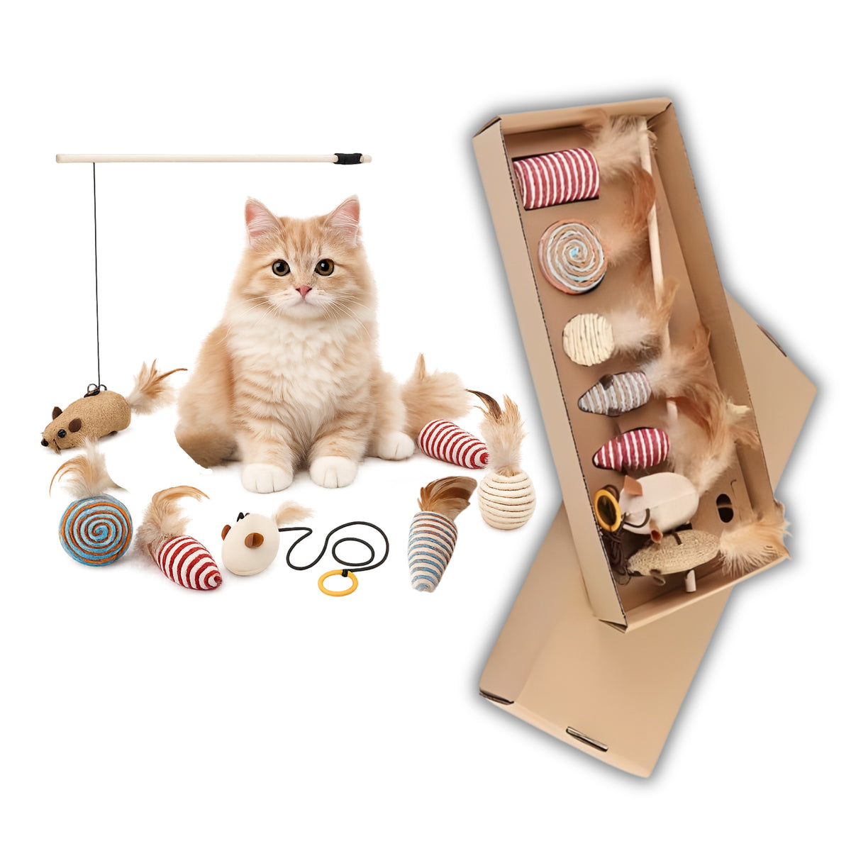 Cat Toys FISHING ROD Set 7pcs Fishing Rod Mouse Feather Bell YC001 Packaging status original