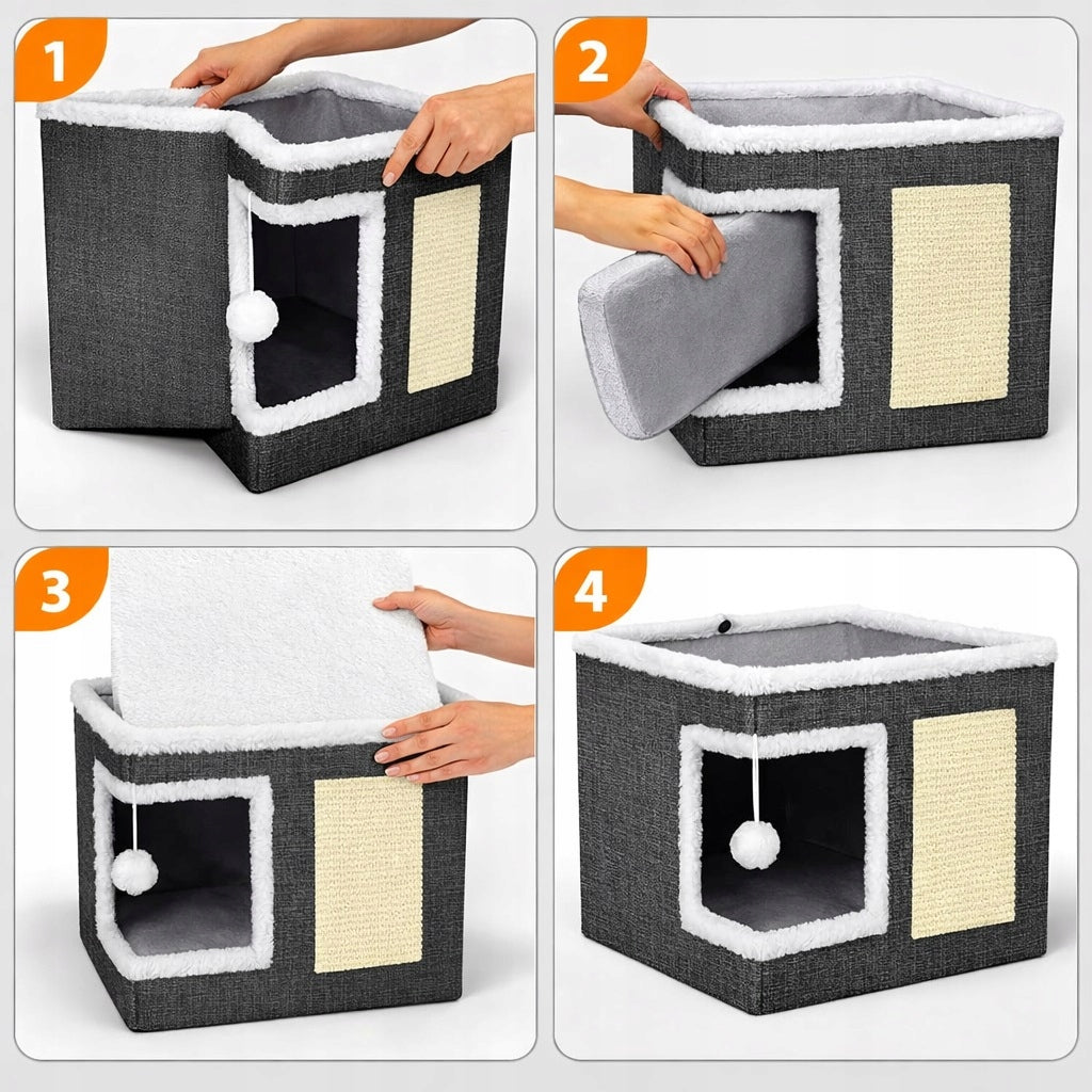 Cat bed 2in1 house scratching post with mat and toy 42x42x35cm (I700) Color gray