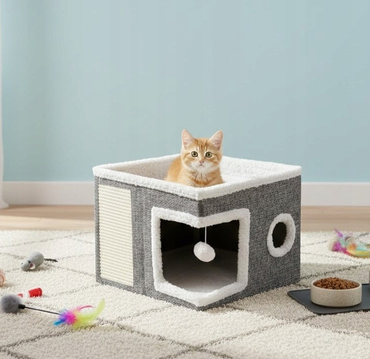 Cat bed 2in1 house scratching post with mat and toy 42x42x35cm (I700) Trade name I700